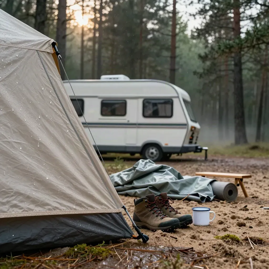 Natte beige tunneltent, caravanflank en kampeerspullen in mistig boslicht bij zonsopkomst.