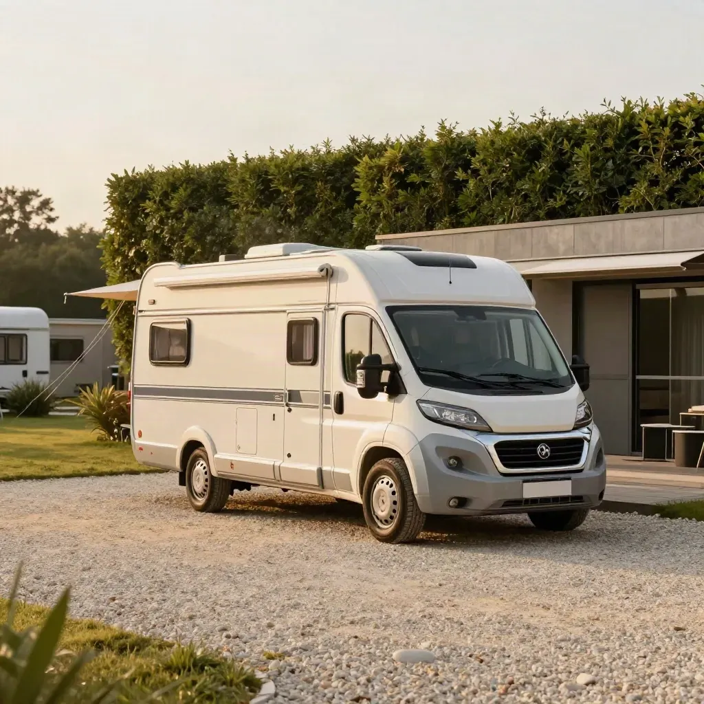 Brabantse campingpitch met caravan, heg, gravelpad en sanitairgebouw in late namiddagzon.