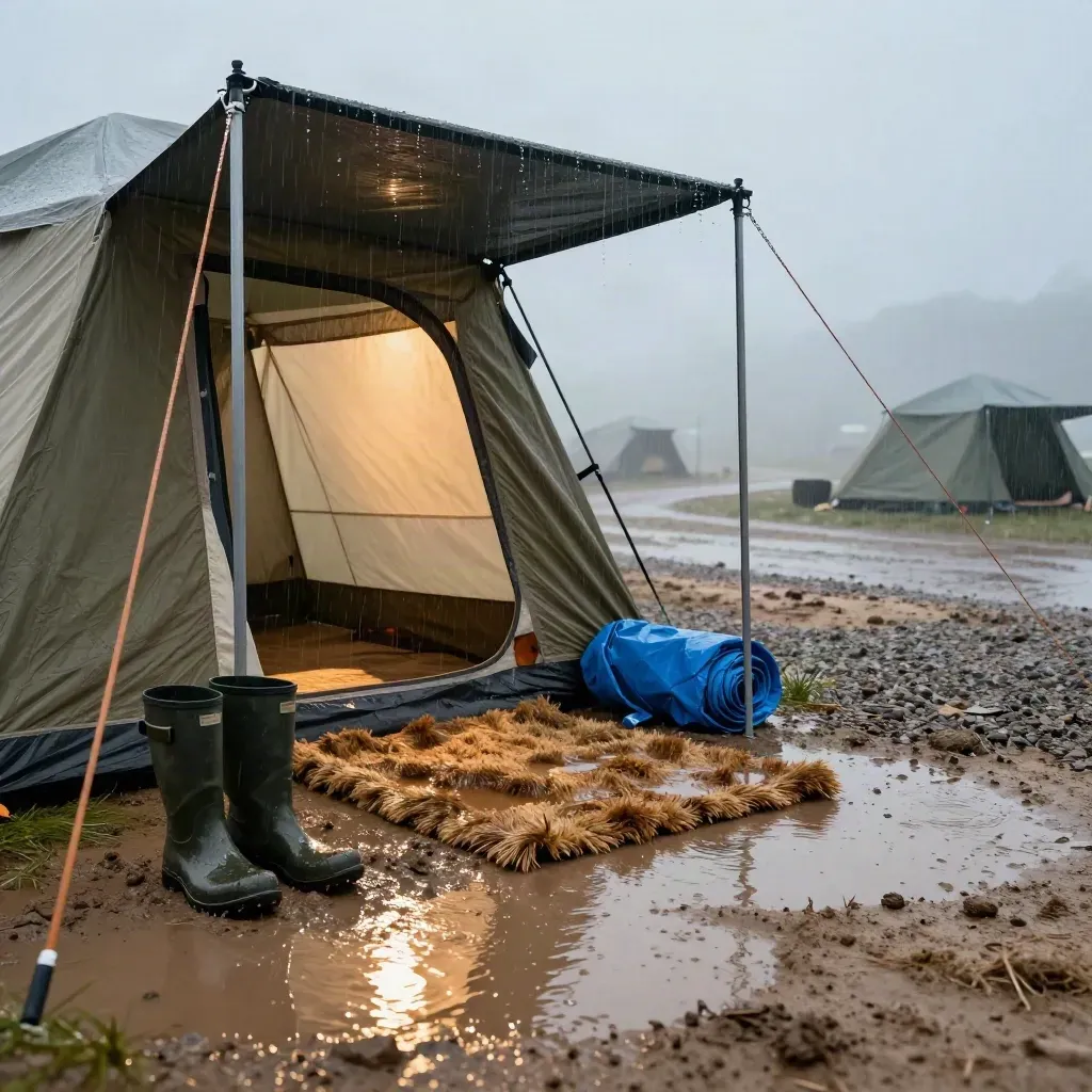 Natte tentingang met laarzen, tarp en glanzende regenplassen op een camping.