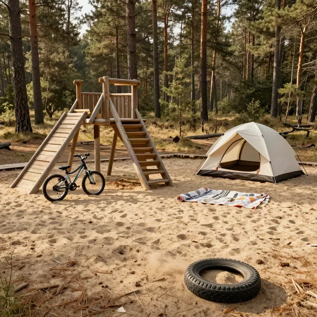 Veluwe-camping met zandbak, houten speeltoestel, kinderfiets en tent in warme middagzon.