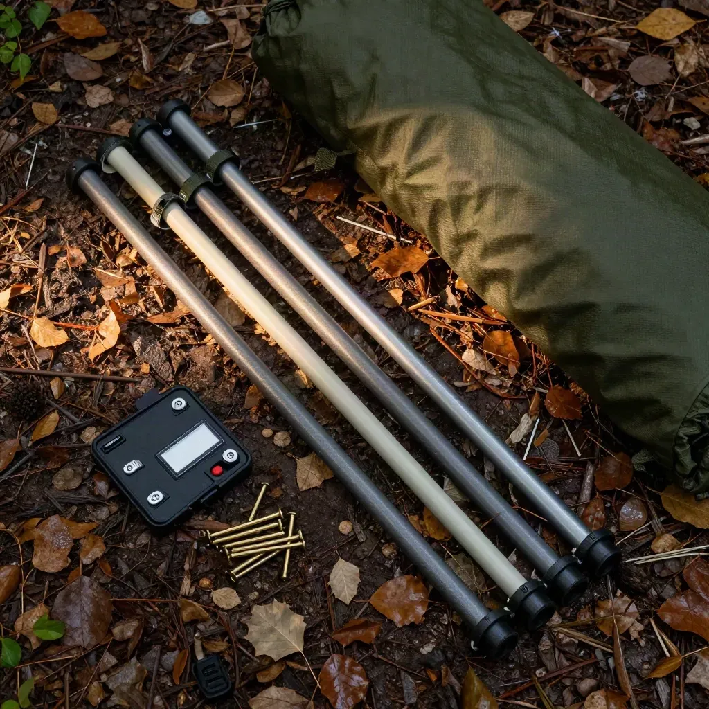 Overhead flatlay van tentstokken, haringen, reparatieset, slaapzak en grondzeil op herfstbladeren.