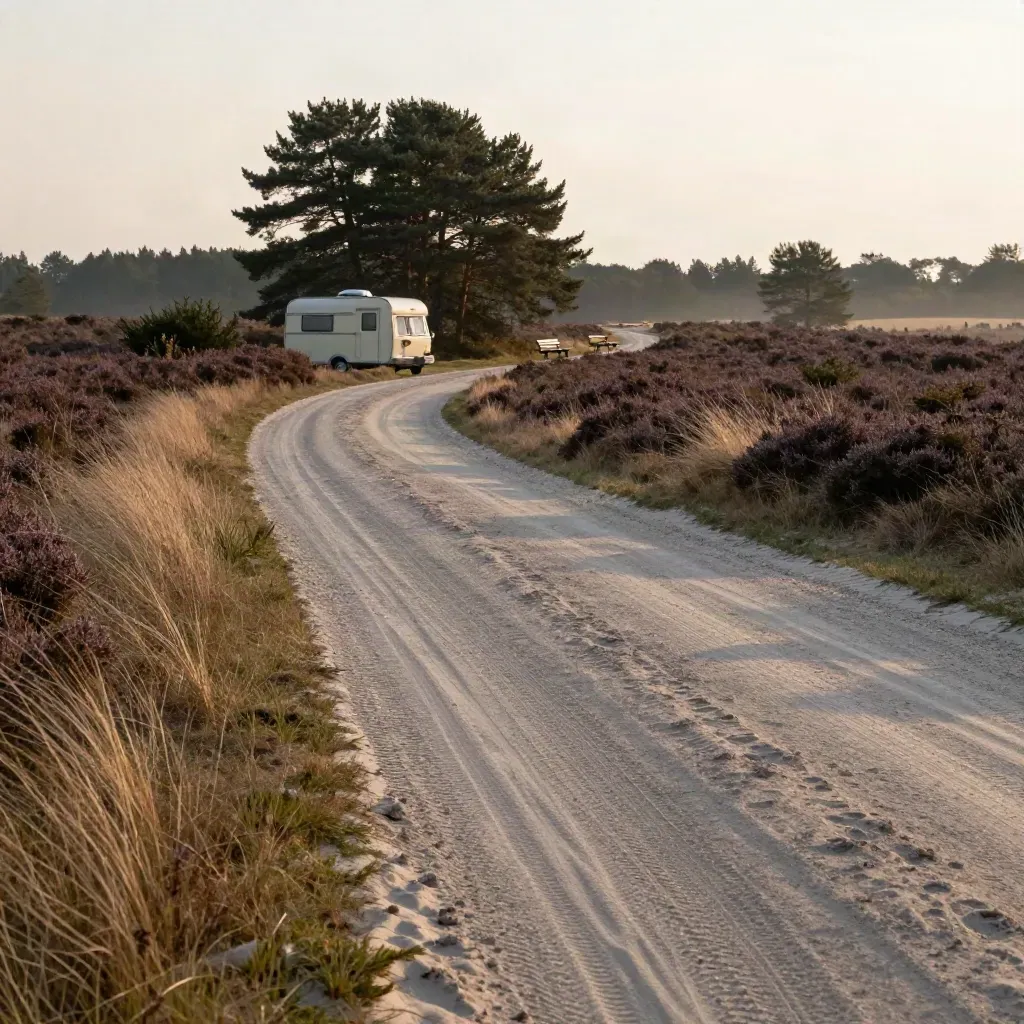 Stille zandweg langs heide met kleine camper en picknickbankje in Drenthe.