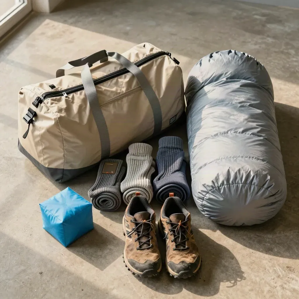 Bovenaanzicht van een half ingepakte kampeerduffel met regenjas, sokken, slaapzak en modderschoenen.