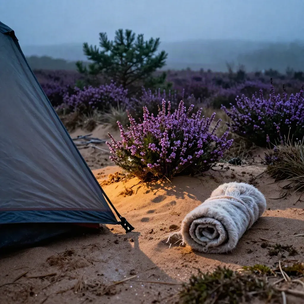 Heidekampeerplek in schemer met tentrand, natte grond, opgerolde fleece en lage dennenrand.